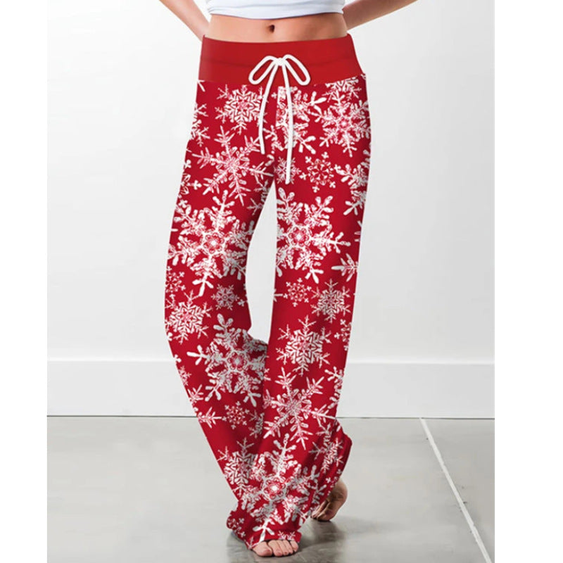 High Waist Christmas Printed Casual Trousers for Women with a Tie