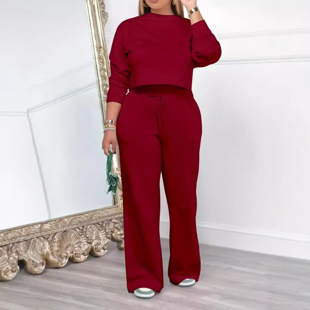 Women's Long Sleeve Round Neck Sweater and Elastic Waist Pants Casual Fashion Two-piece Set