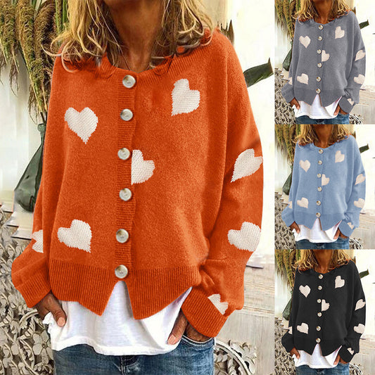 Women's Single-Breasted Cardigan Knitwear Coat Outwear with Heart Motif