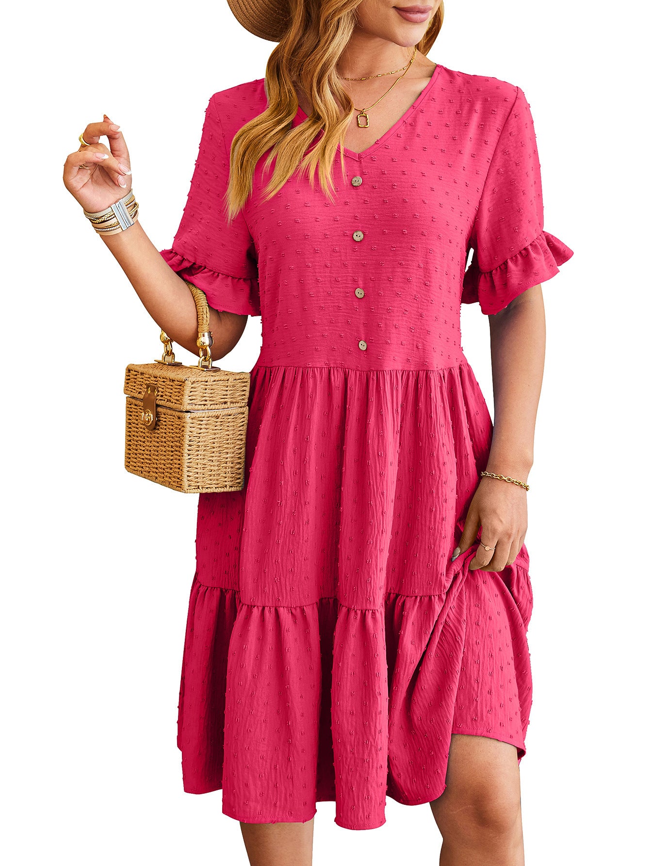 Summer Casual Fashion Short-Sleeved Dress with New V-Neck Ruffle