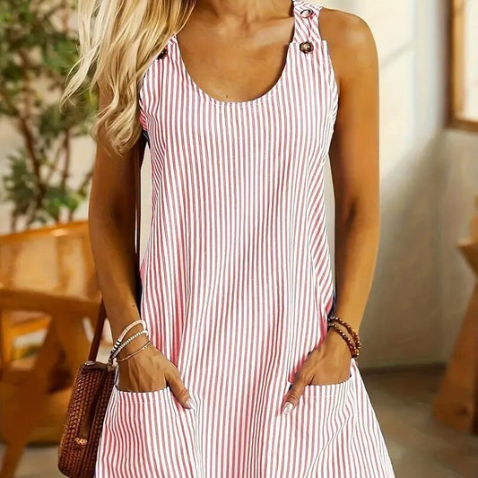 Round Neck Pocket Striped Overall Button Casual Jumpsuit Skirt