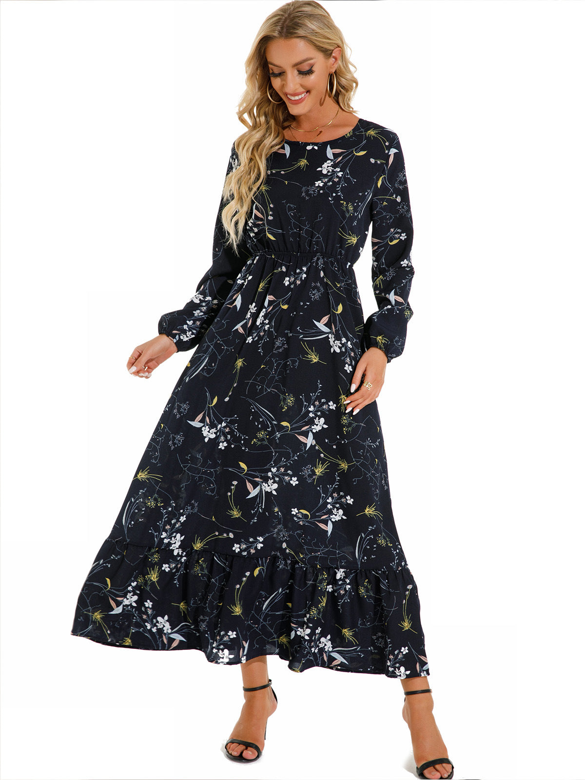 Women's Crew Neck High Waist Printed Chiffon Dress