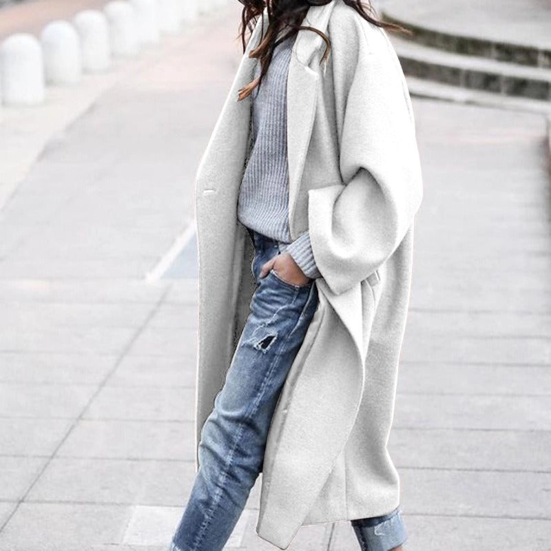 Women's casual long solid color warm woolen jacket