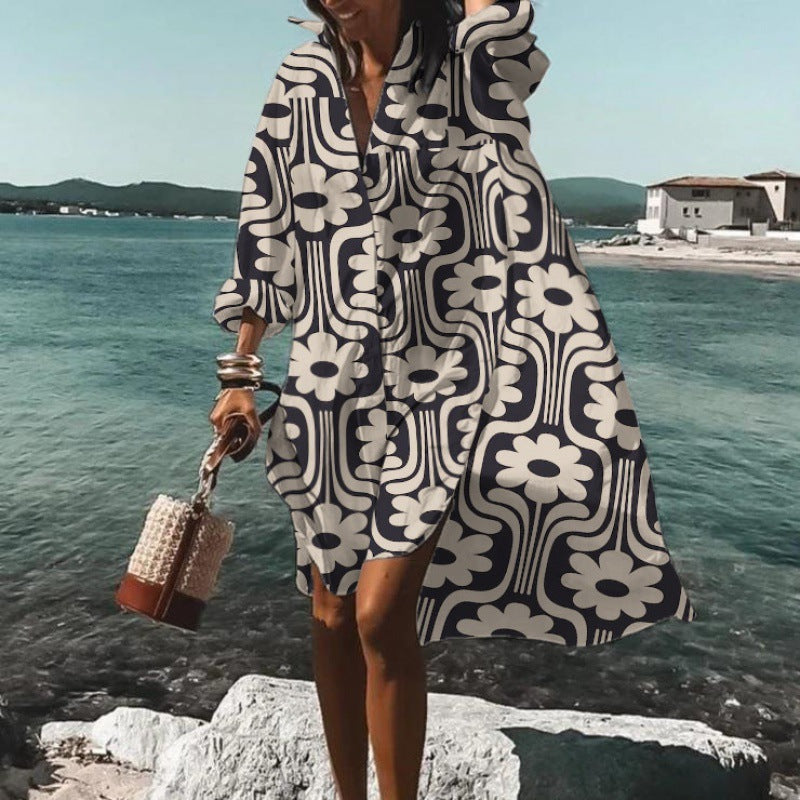 Beach Vacation Printed Blouse Coat Dress