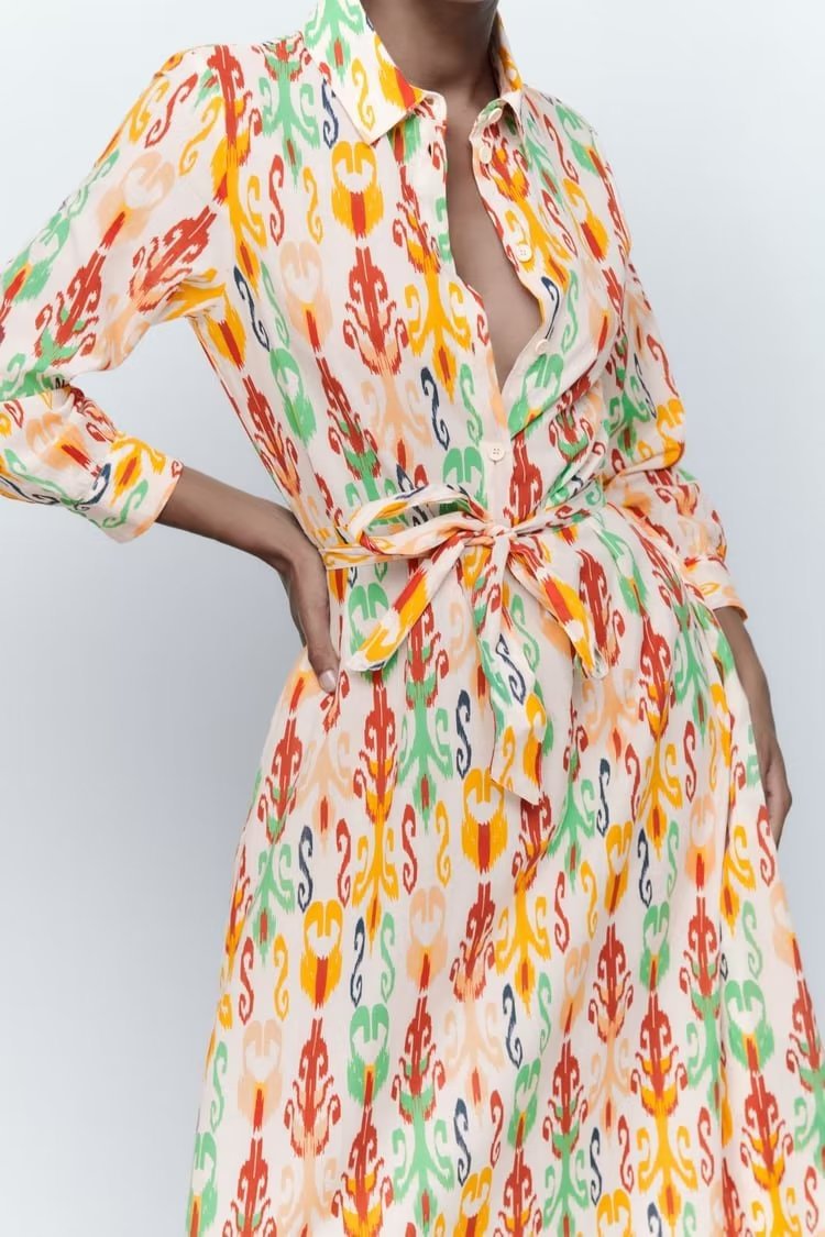 Long Sleeve With Belt Printed Dress