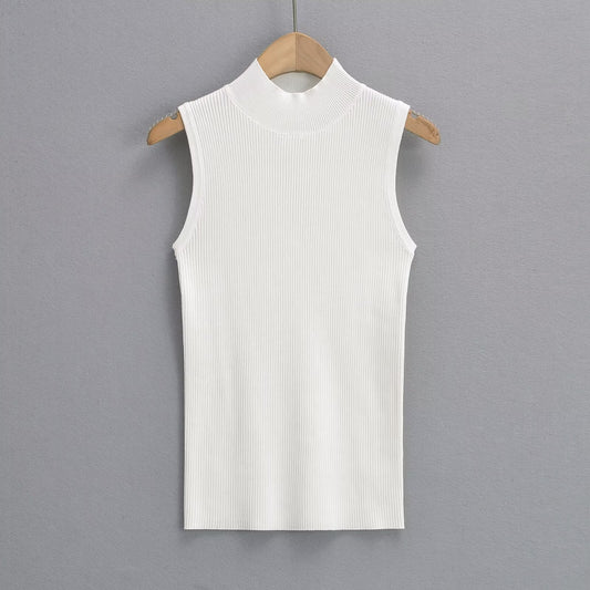 Niche Semi-High Collar Sleeveless Knitted Vest - Tight Stretch Wool Base Layer Top