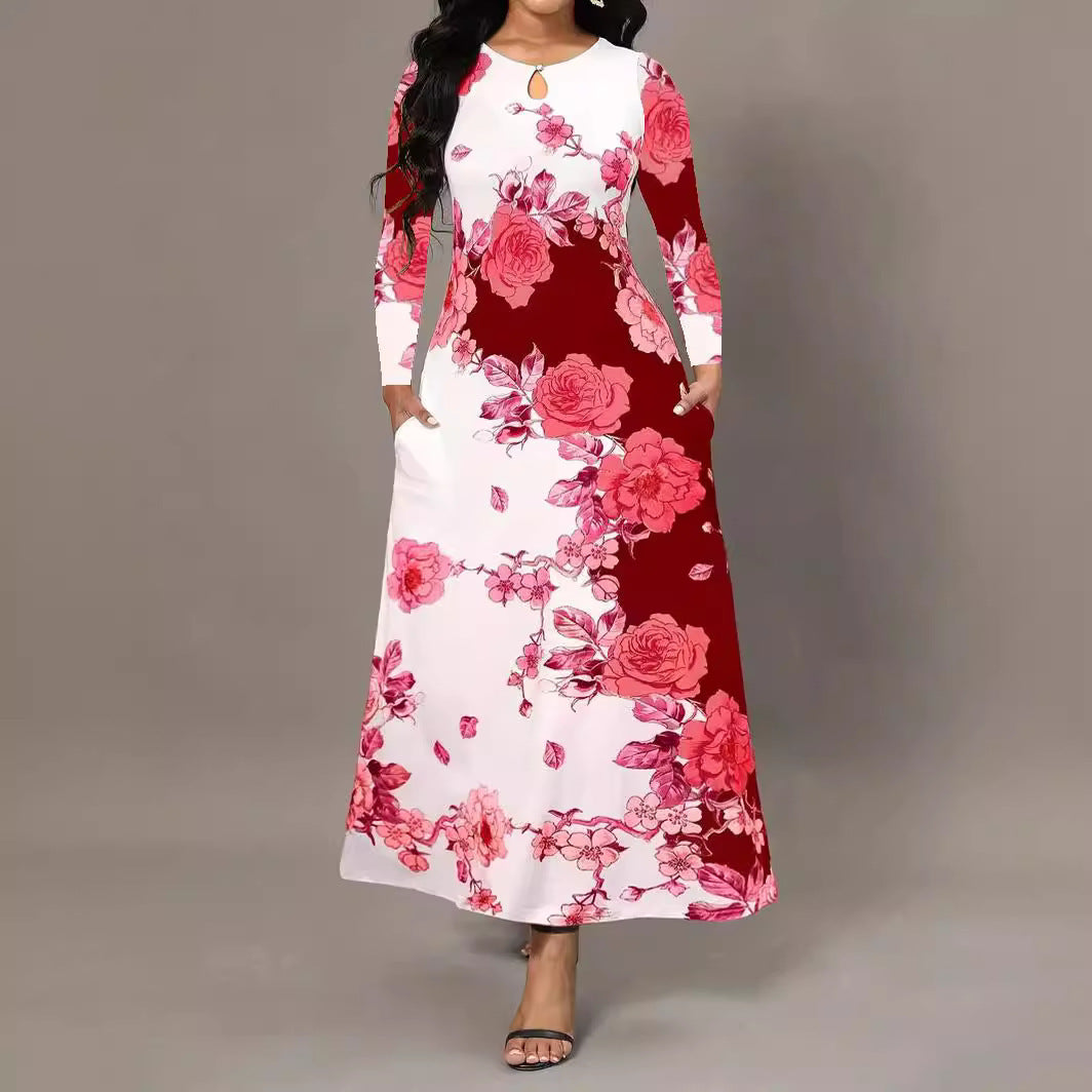 Round Neck Long Sleeve Dress with Printed Pocket and Waist-Controlled Large Hem