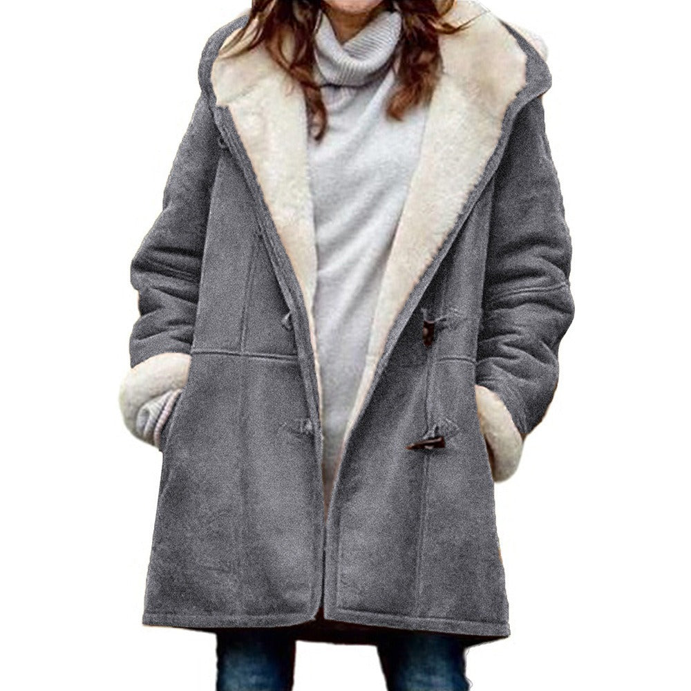 Long sleeved cowhide button women's plush warm jacket