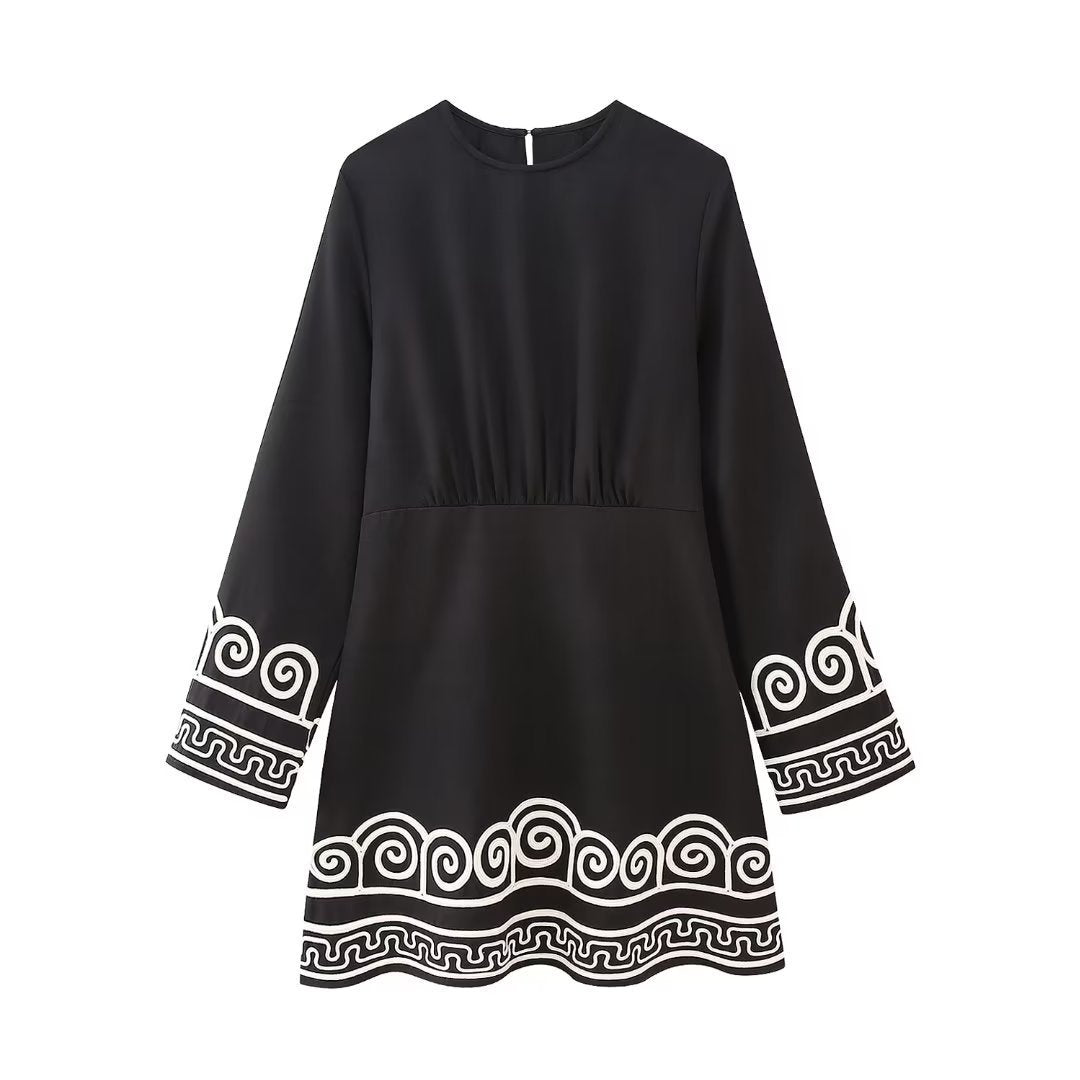 Summer Women's Color-block Crew Neck Long Sleeve Embroidery Dress