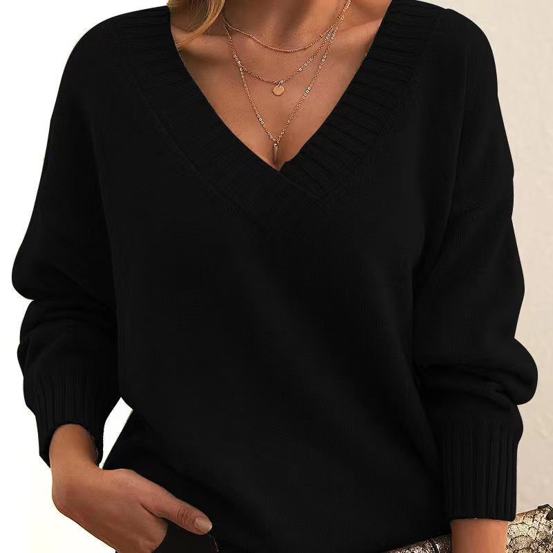 New Knitted Loose V-neck Pullover Top for Women