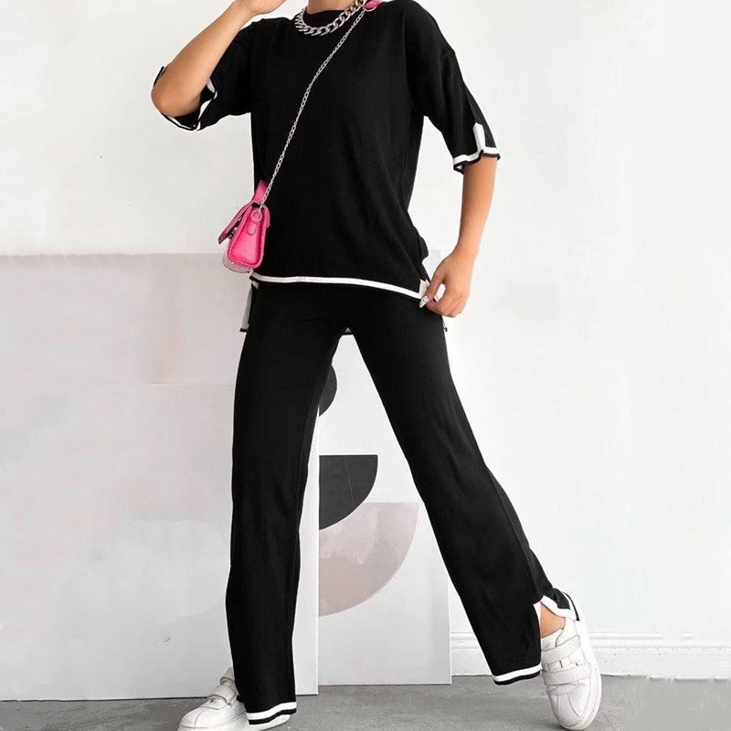 Patchwork Loose Sweater With Short Sleeves Top Split Trousers Knitting Suit