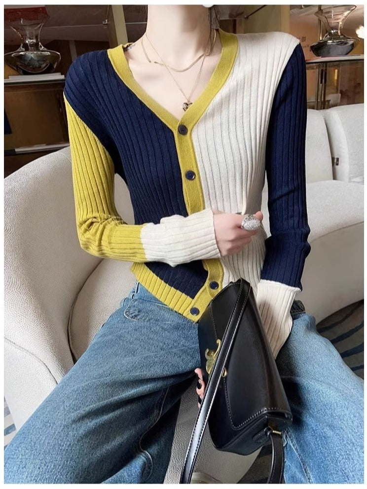 Trendy Multicolor V-Neck Knitted Cardigan for Women