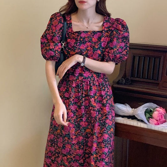 Square Collar Off-shoulder Lace-up Waist Puff Sleeve Floral Dress