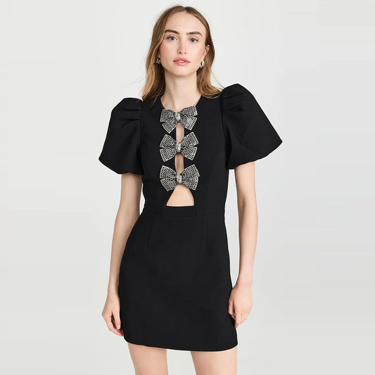 Tube Top Three Bowknot Connection Hollowed Fashion Puff Sleeve Sheath Bandage One-piece Dress