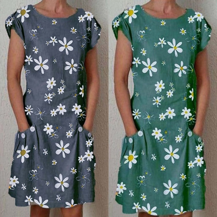 Daisy print short sleeve pocket dress