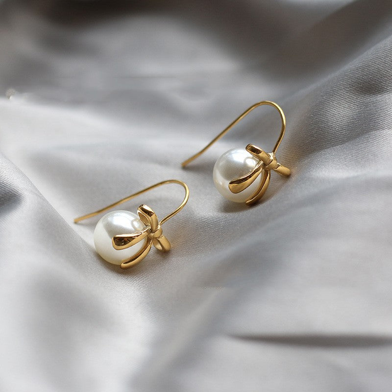 Pearl Earrings with Bow Ribbon Ear Hooks