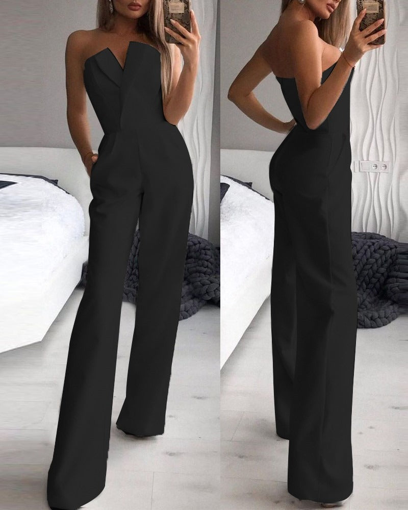 Jumpsuit with slanted collar and mid waist for a stylish commuting jumpsuit