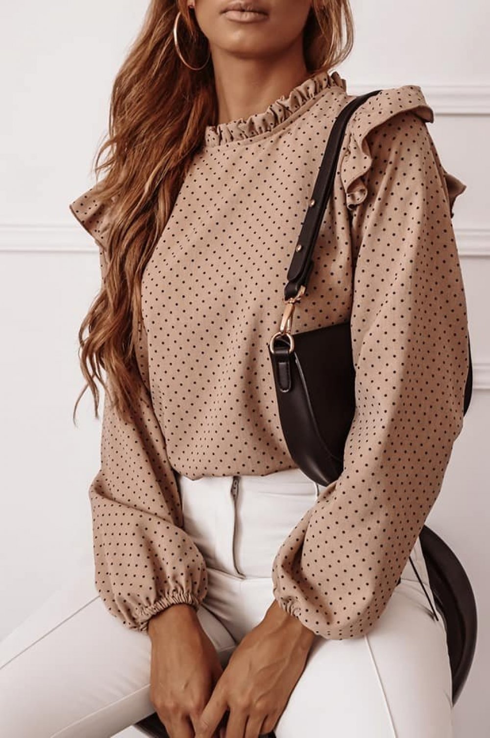 Ruffled Round Neck Pullover Polka Dot Shirt Top