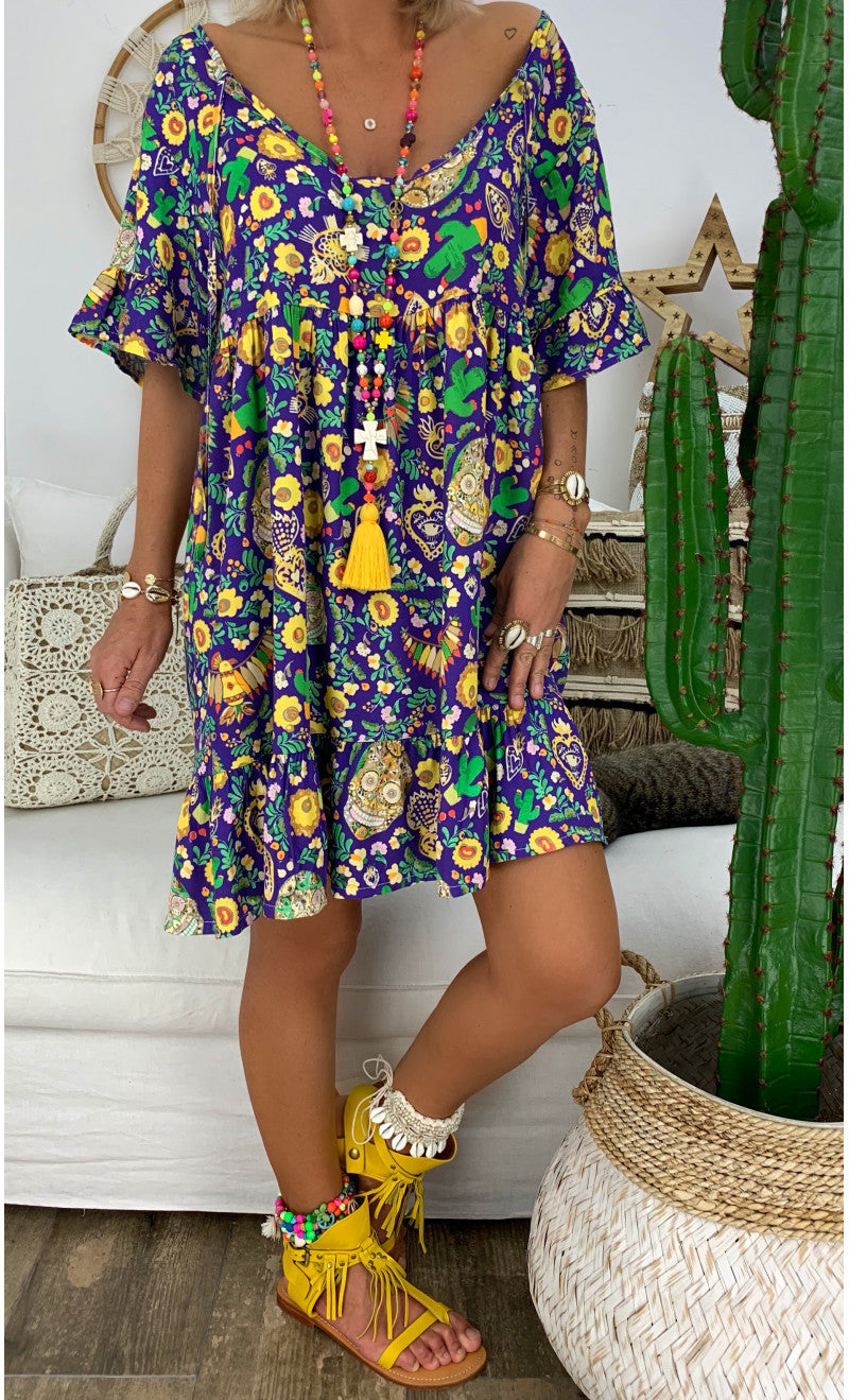 Printed round neck short sleeve ruffle dress