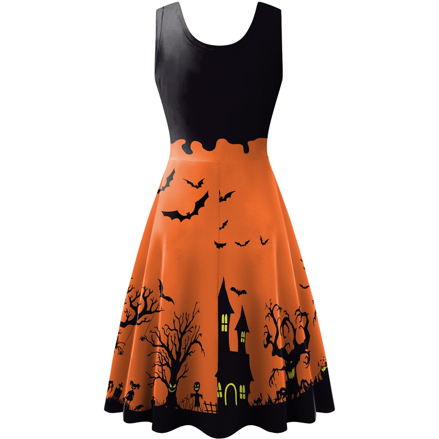 Women's Sleeveless Horror Bat Skeleton Digital Printed Dress