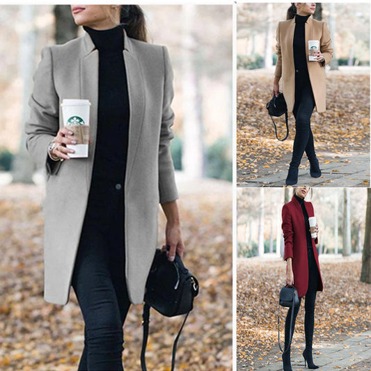 Stylish Solid Color Woolen Coat with Stand Collar