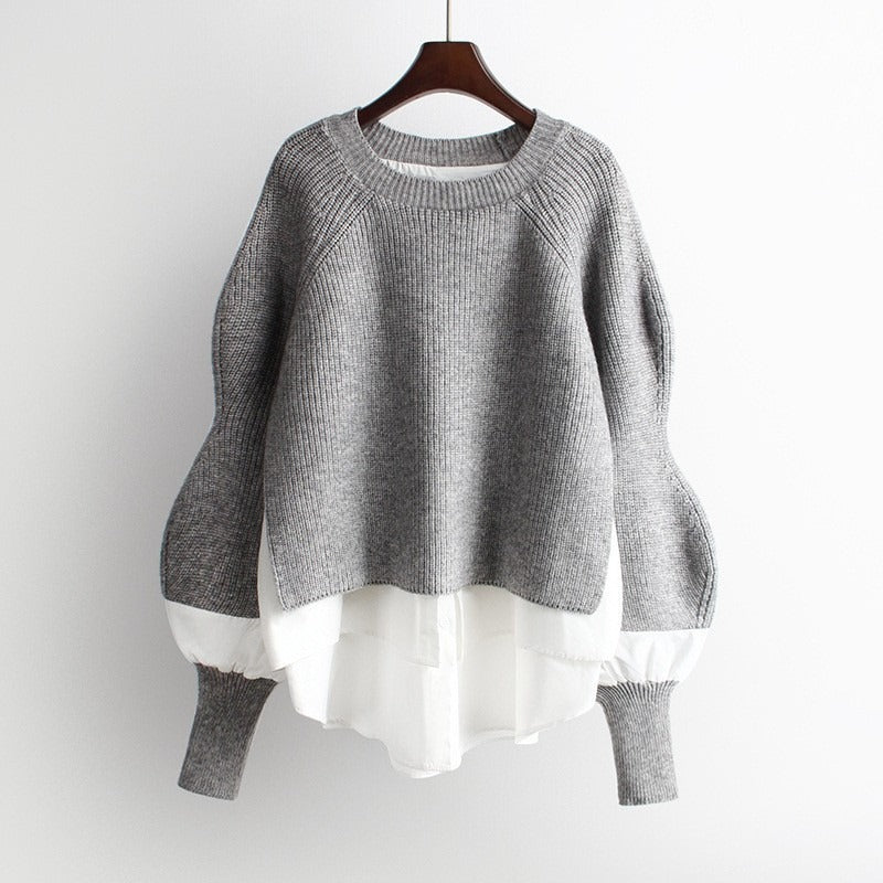 Shirt patchwork pullover sweater for women's autumn and winter vacation two-piece loose knit top, stylish lantern sleeves, versatile sweater