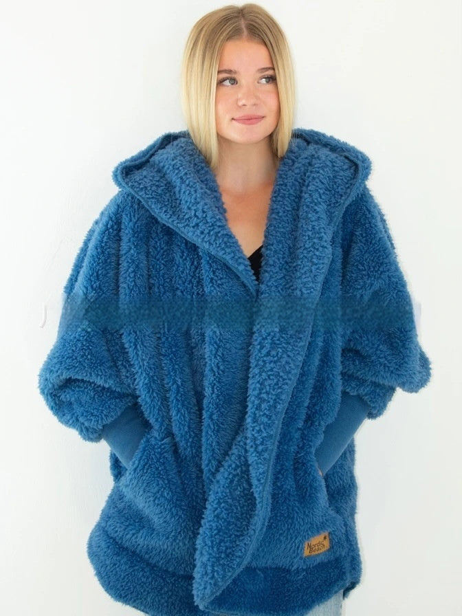 Furry Hooded Cardigan Coat for Women with Pocket Design