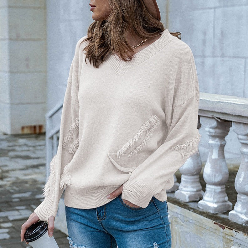 V-Neck Tassel Pocket Pullover Long Sleeve Sweater for Plus-Size Women