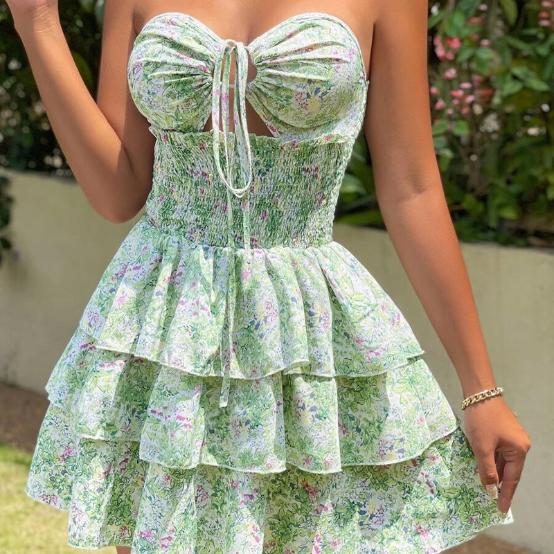 Floral Print Tube Top Lace-up Dress