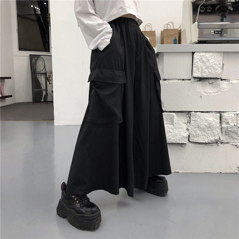 Large Swing Black Japanese Wide-leg Pants Split Draping Cropped Tooling Large Pocket