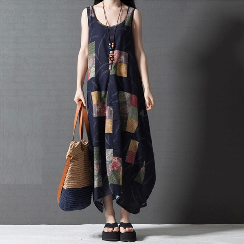 Literary Flower Printing Cotton And Linen Sleeveless Long Jumper Dress