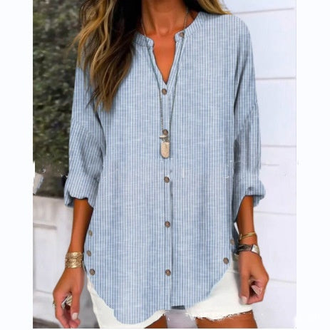 Casual Fashion Button Striped Long Sleeve Solid Color Shirt