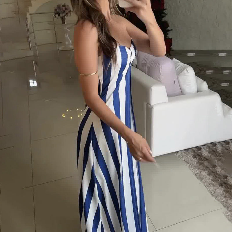 Cross Pleated Striped Tube Top Suit