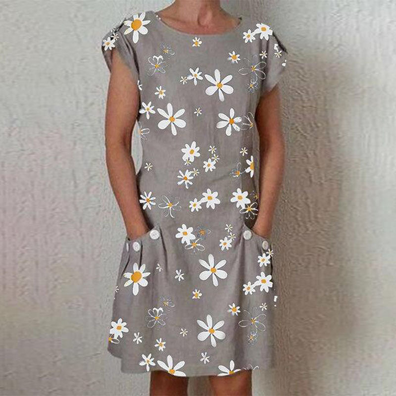 Daisy print short sleeve pocket dress