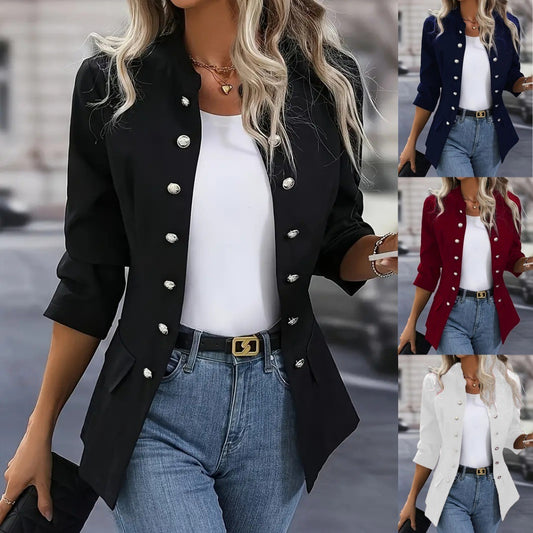 Solid Color Winter Fashion Double-Breasted Cardigan Jacket with Stand Collar