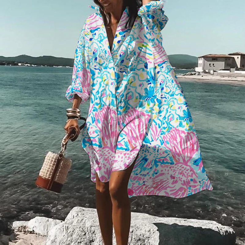 Beach Vacation Printed Blouse Coat Dress