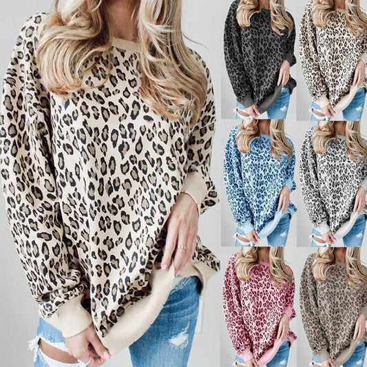 Women's Printed Pullover Loose Leopard Print Round Neck Long Sleeve T-shirt