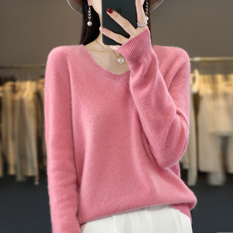 Women's V-Neck Wool Sweater - Solid Color Loose-Fitting Versatile Top for Autumn and Winter