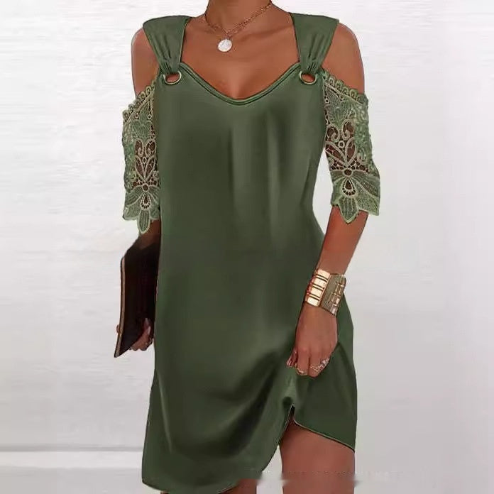 Loose V-Neck Dress with Lace Sleeve and Strap Detail