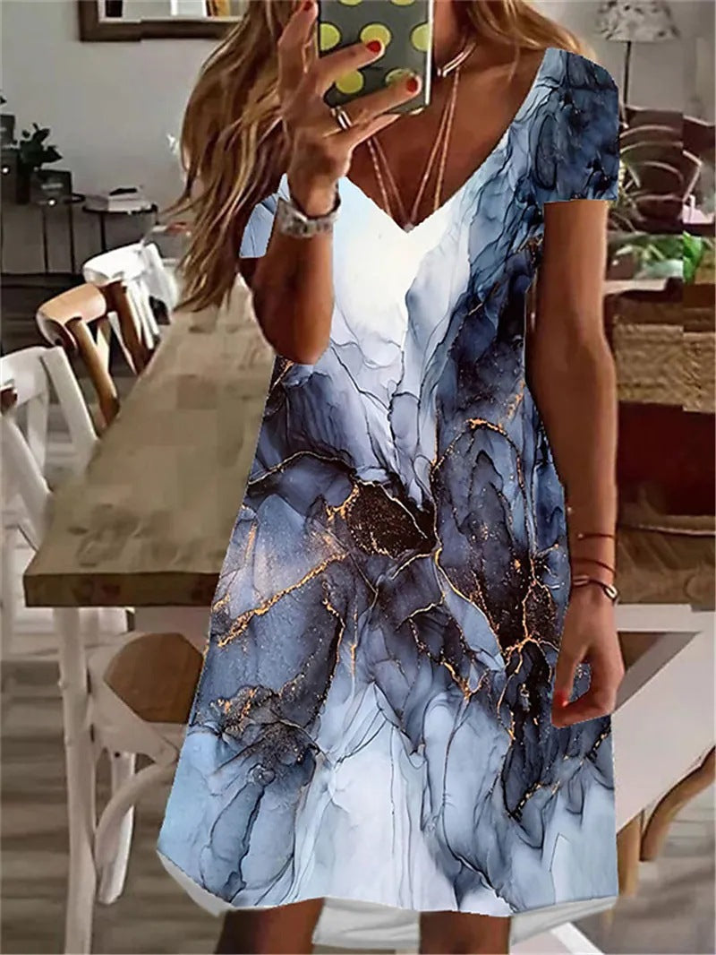 Plus Size Women's V-neck Vacation Style Printed Dress