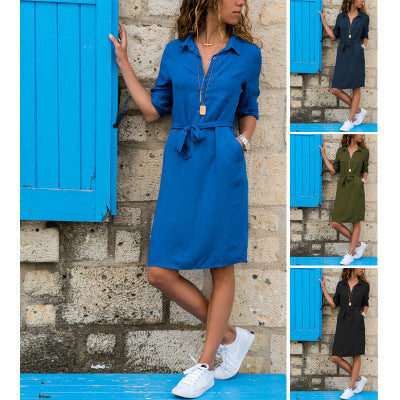 Autumn and Winter Fashion: Women's Polo Collar Solid Color Long Sleeve Shirt Dress