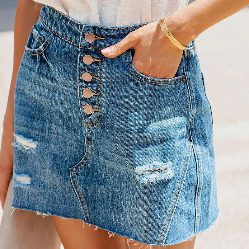 Women's Casual Denim Skirt with Ripped Wash and Multi-Button Detail