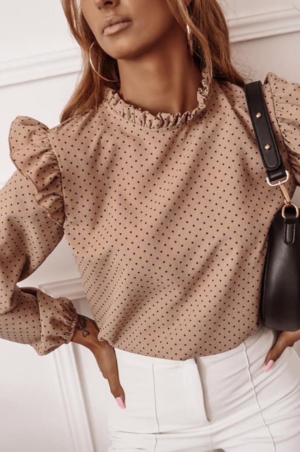 Ruffled Round Neck Pullover Polka Dot Shirt Top