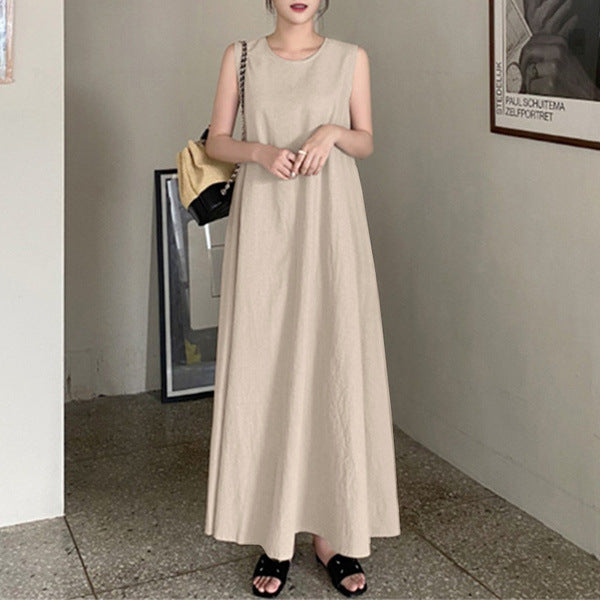 Cotton Linen Loose Round Neck Sleeveless Large Swing Dress For Women