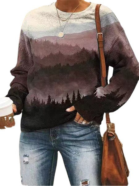 Women's Landscape Floral Print Long Sleeve Pullover