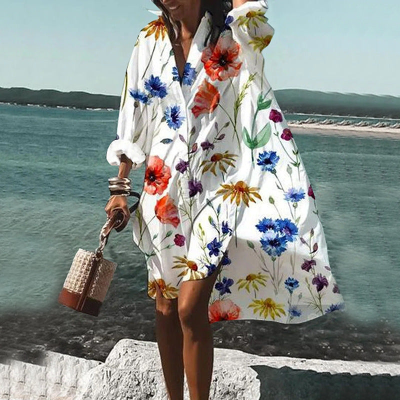 Beach Vacation Printed Blouse Coat Dress