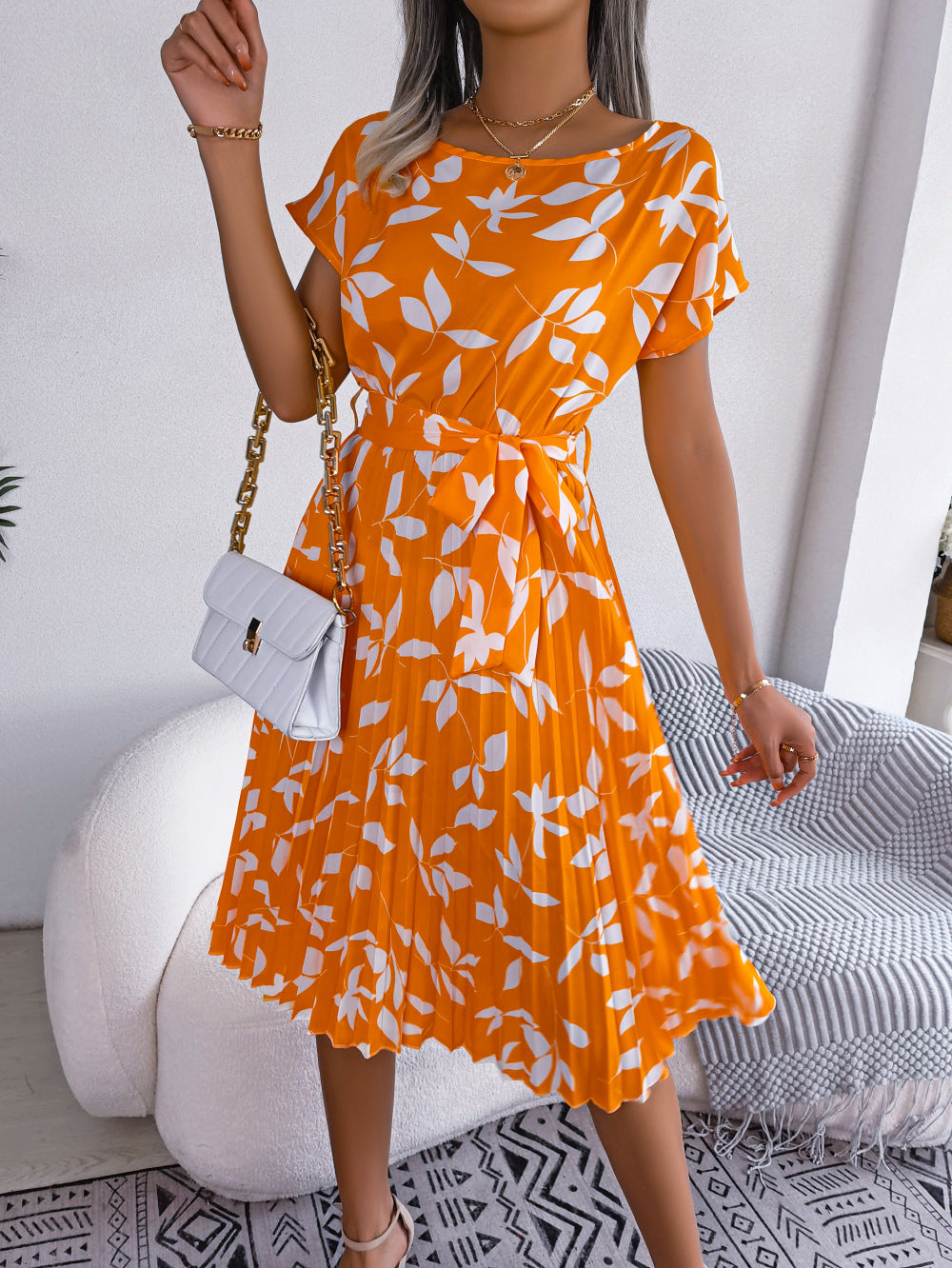 Summer Beach Dress for Women with Leaf Print, Short Sleeves, and Lace-Up Skirt