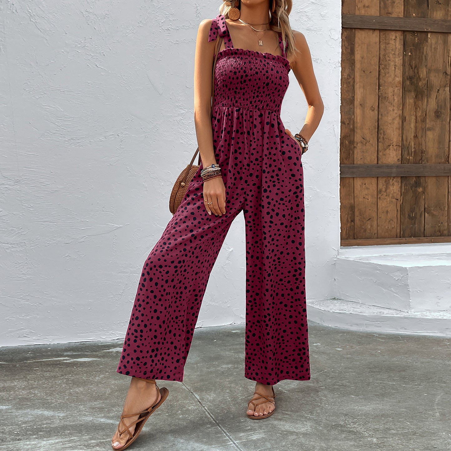 European and American Style Polka Dot Print Jumpsuit with Waist-Slimming Pocket Design