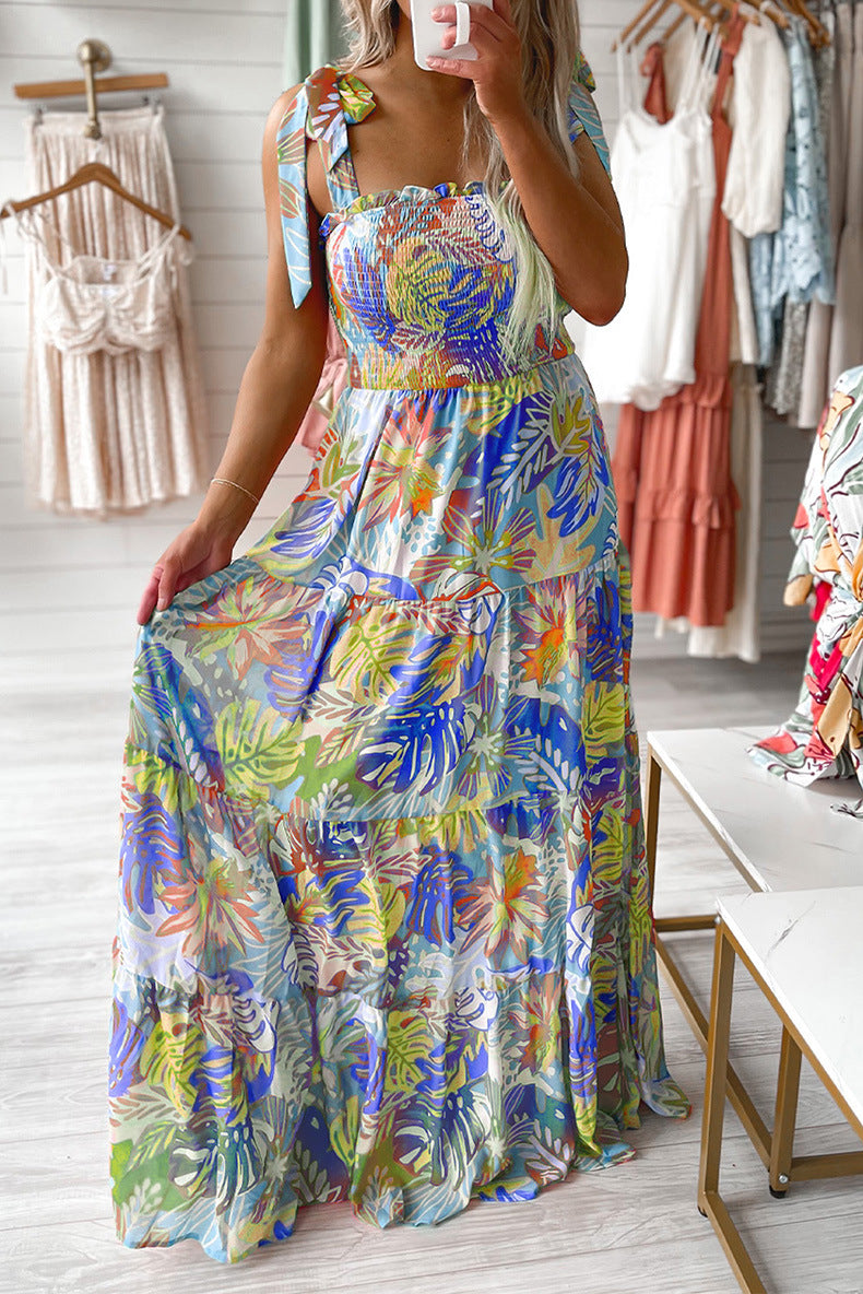 Casual Pleating High Waist Print Dress