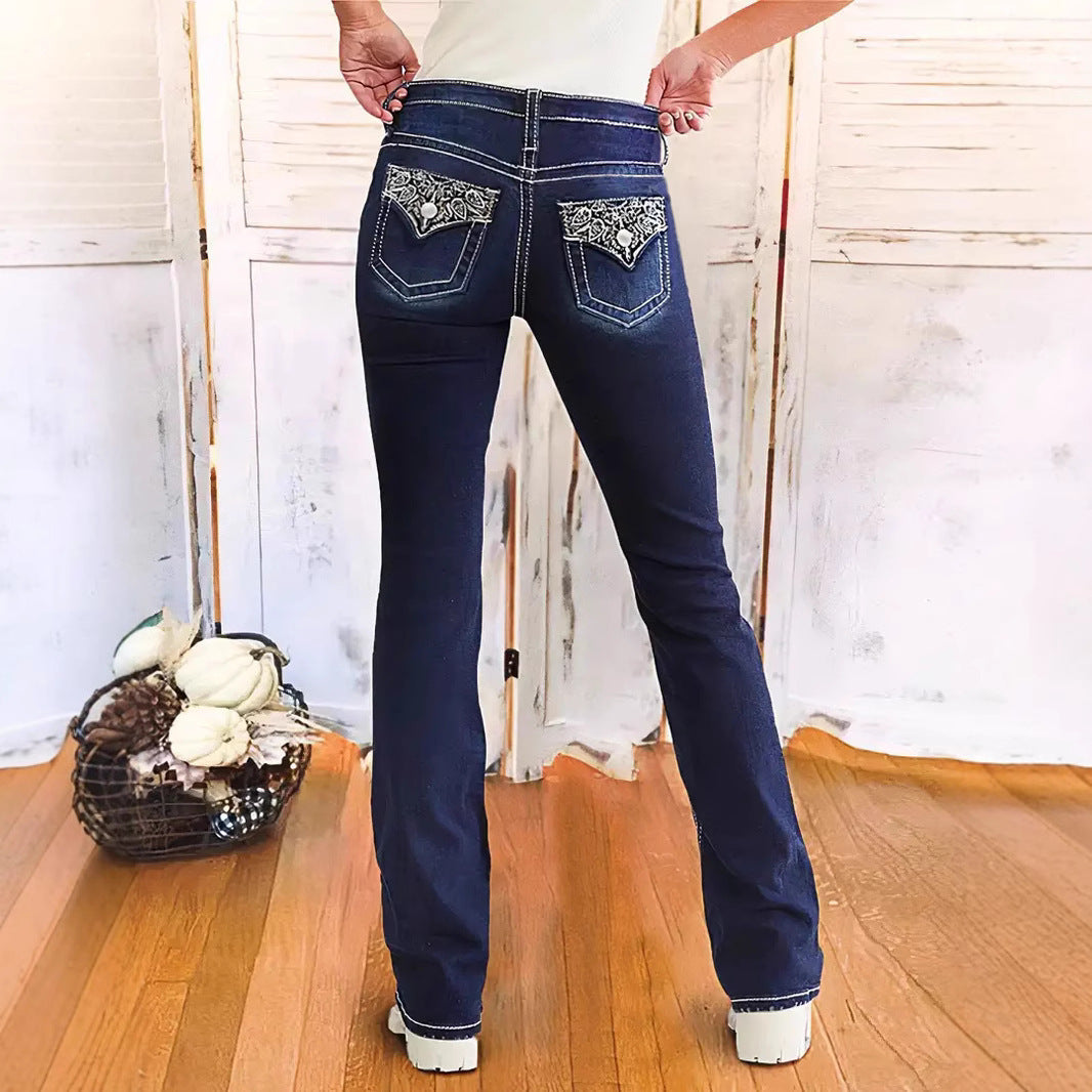 Women's Retro Embroidered Denim Trousers - Fashionable and Stylish